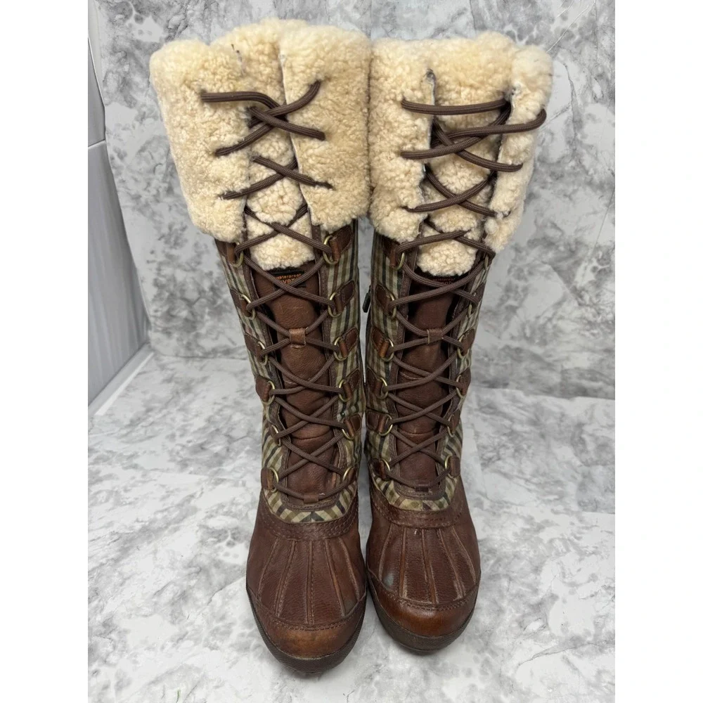 UGG Australia Adirondack Tall Plaid Snow Boots Brown Leather Sheepskin   10